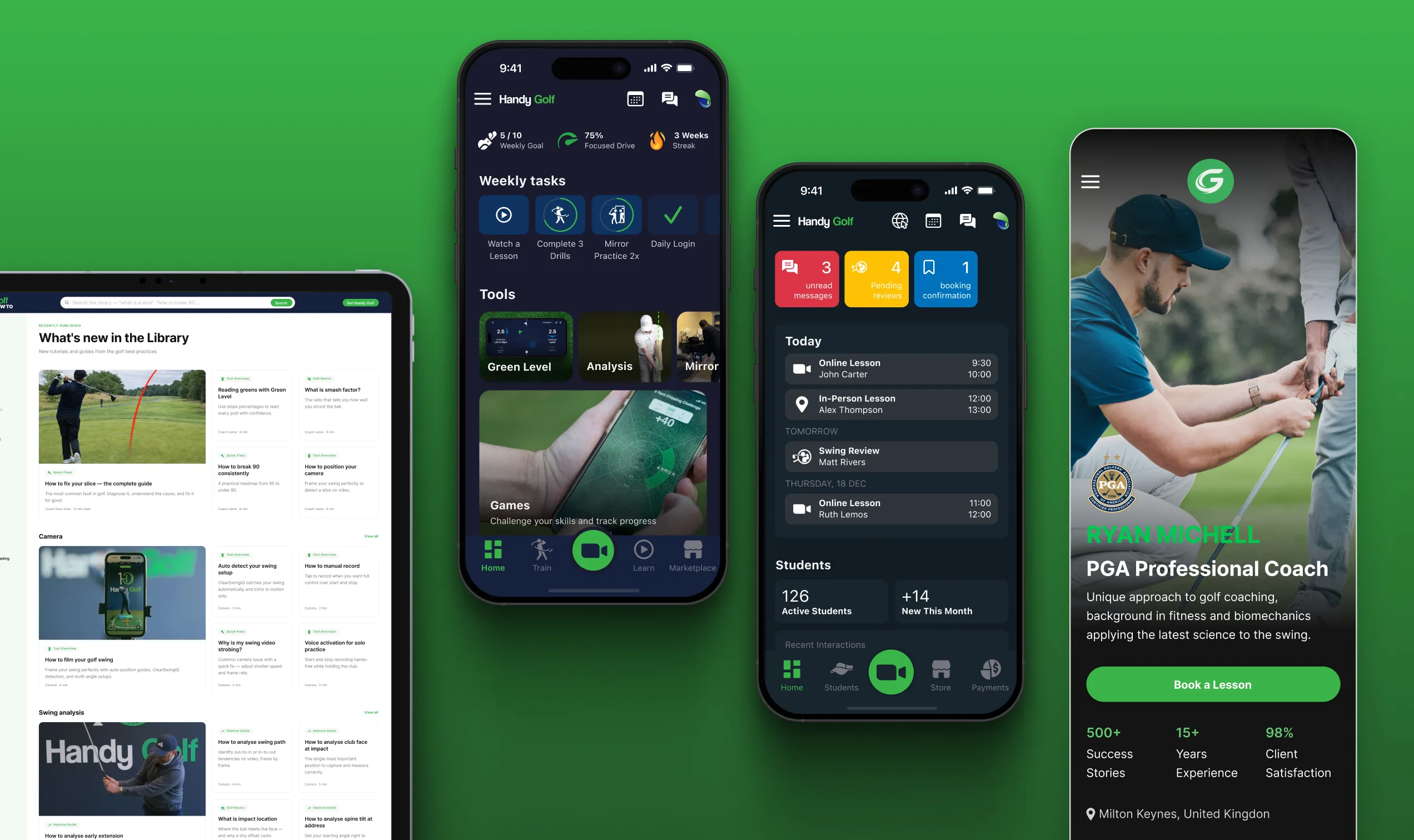 The four Handy Golf surfaces side by side — golfer app, coach app, content library and coach website