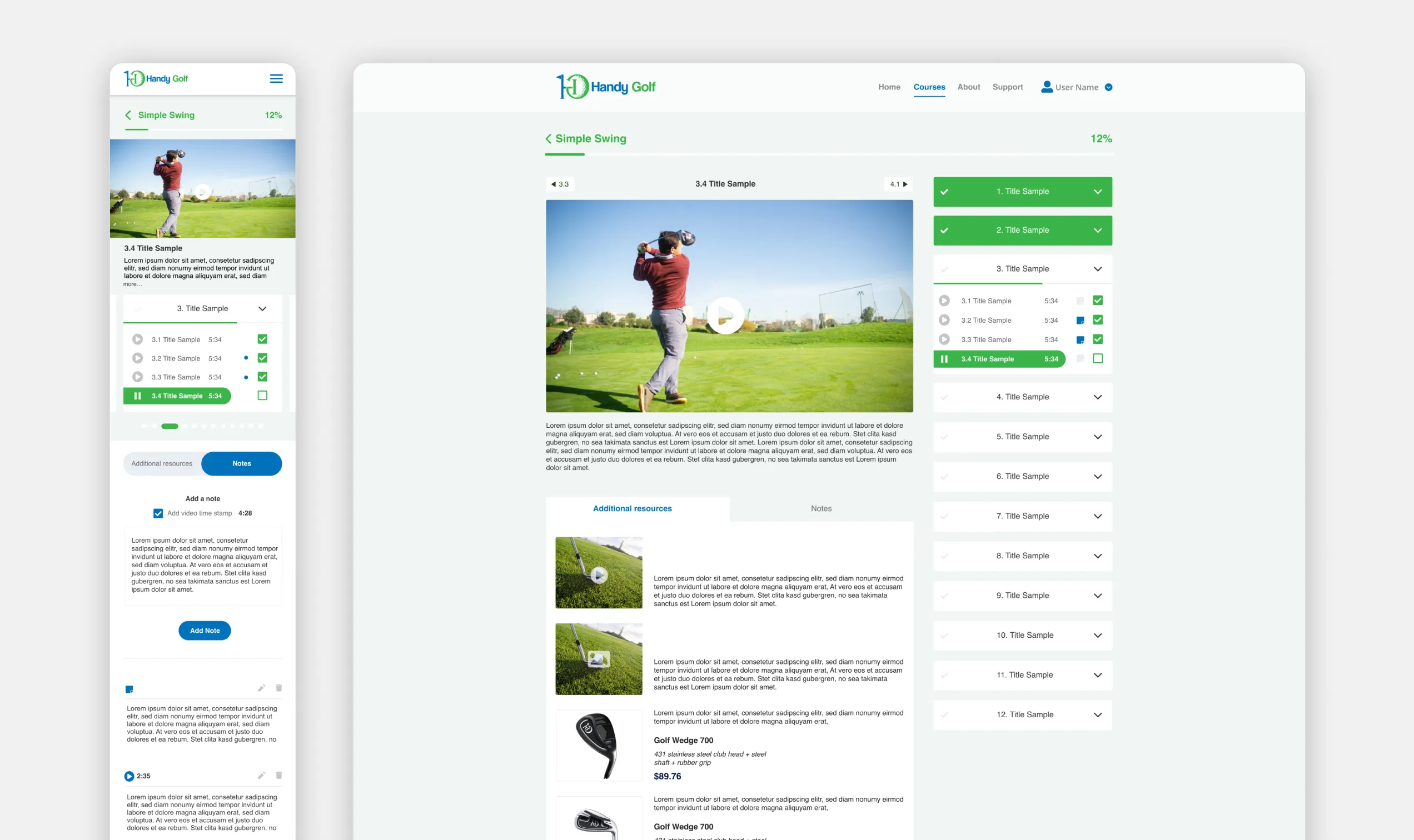 First concepts for the golf web app, showing lessons and series