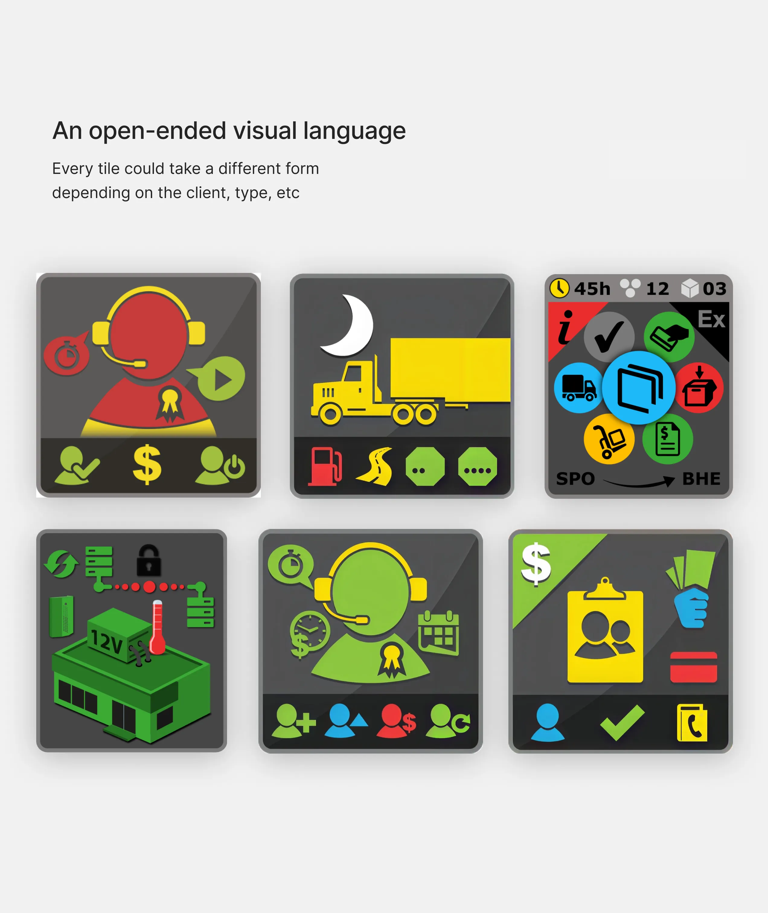 A set of VisualCue tiles, each drawn differently for a different client