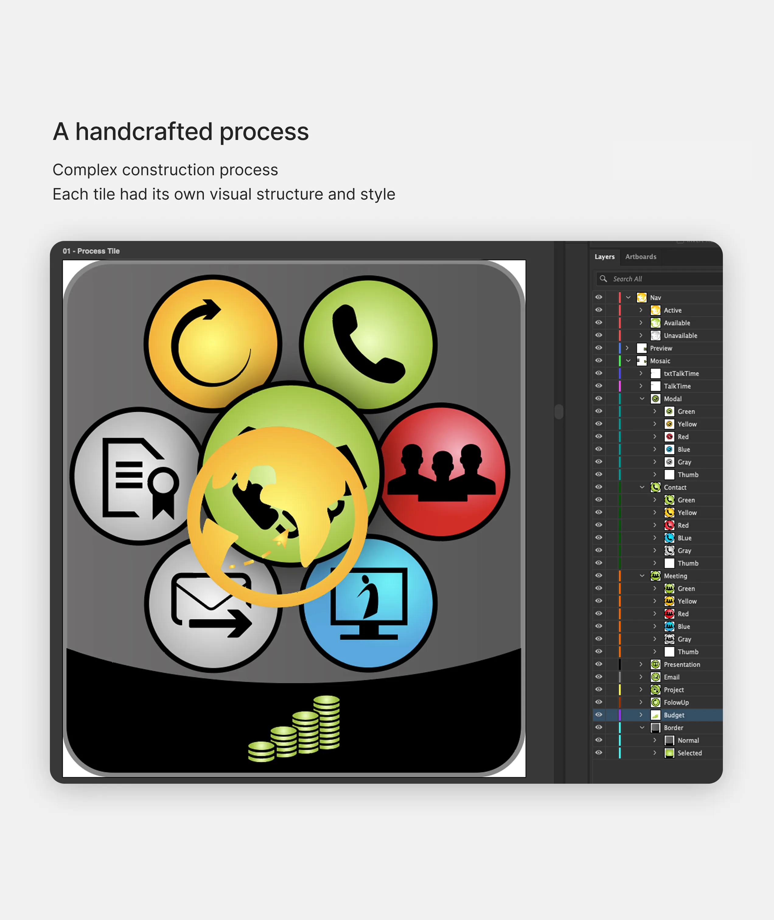 The Illustrator build process for a tile, layer by layer