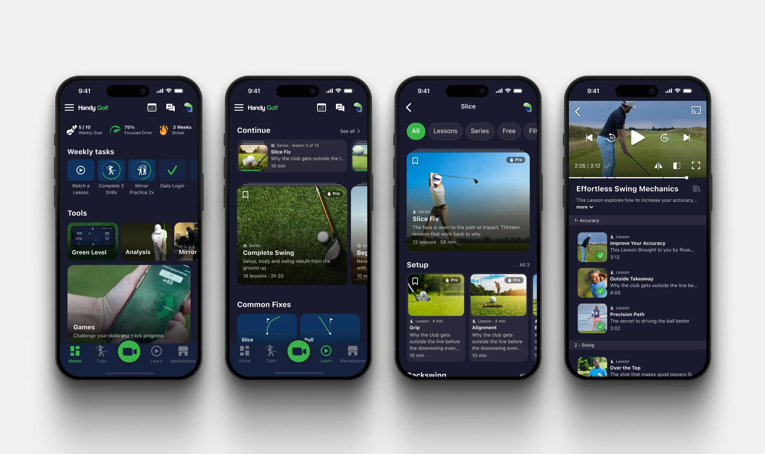 The app as a native iOS experience, with learning, practice and swing analysis
