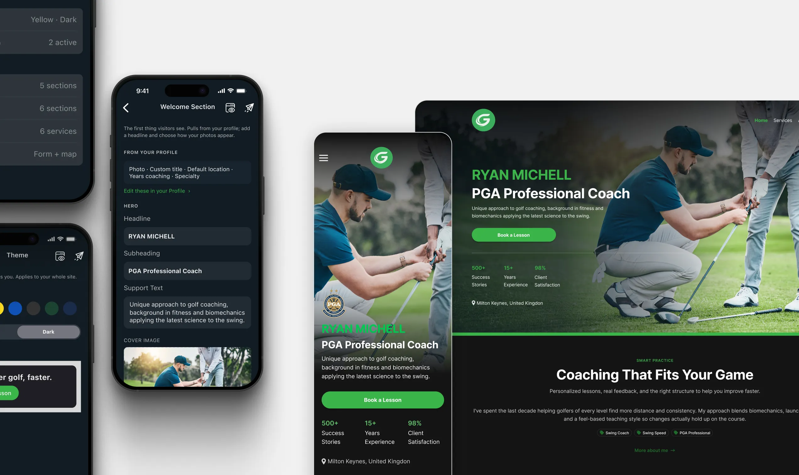 The coach website template, built from the content and theme chosen in the app